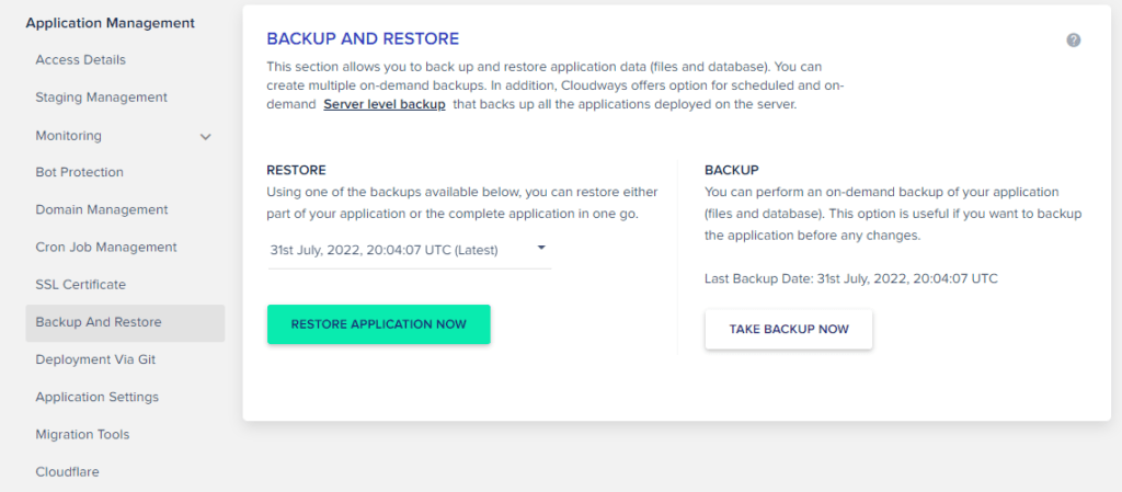cloudways 1 click backup and restore