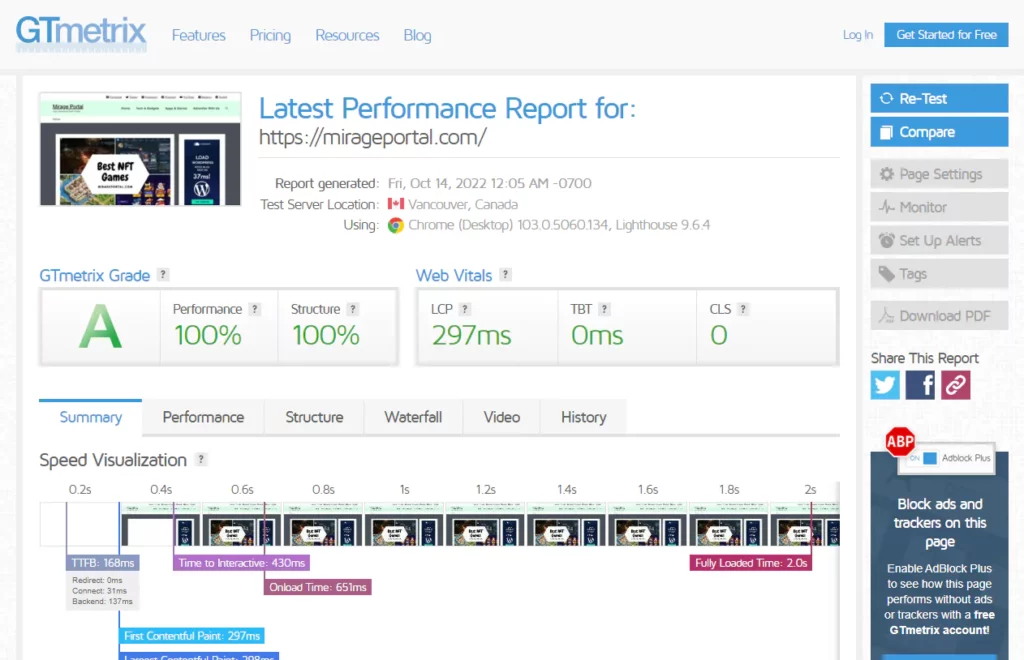 Cloudways test result on homepage without ads
