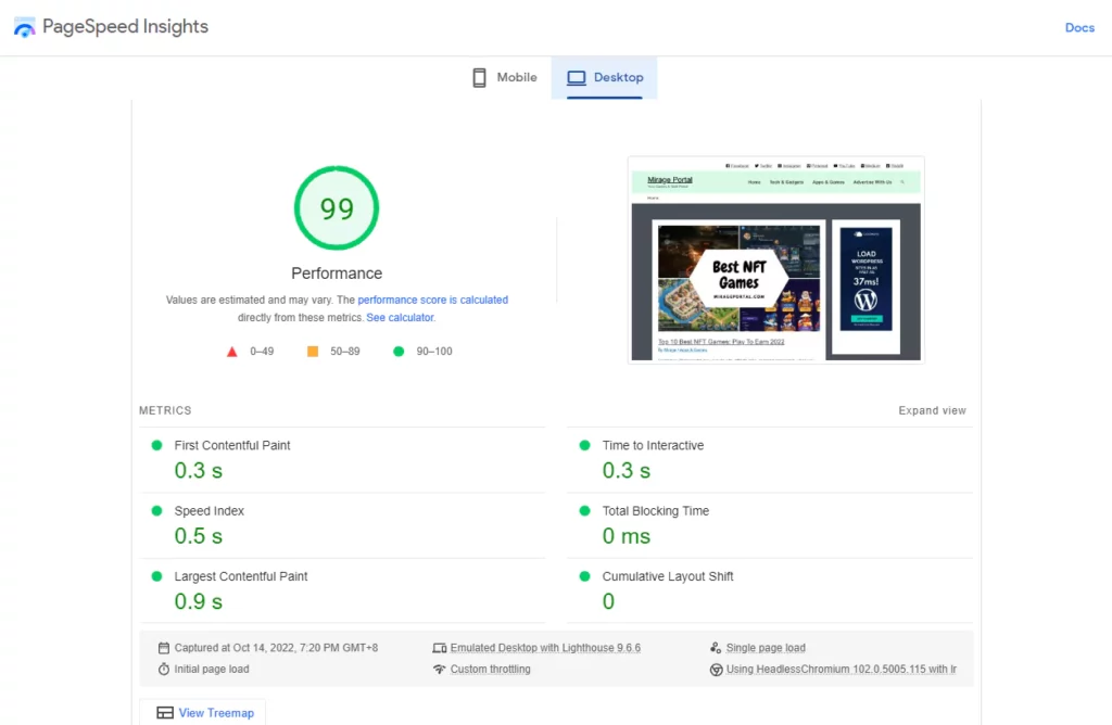 homepage test pagespeed insight with ads