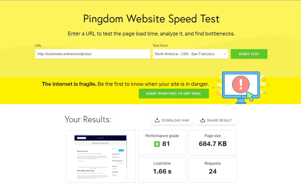 exclusive hosting pingdom speed test