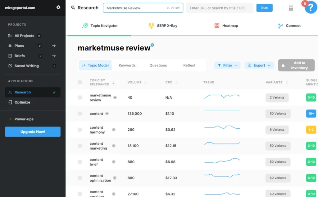 marketmuse keyword research screenshot