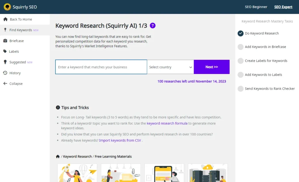 squirrly SEO keyword research screenshot