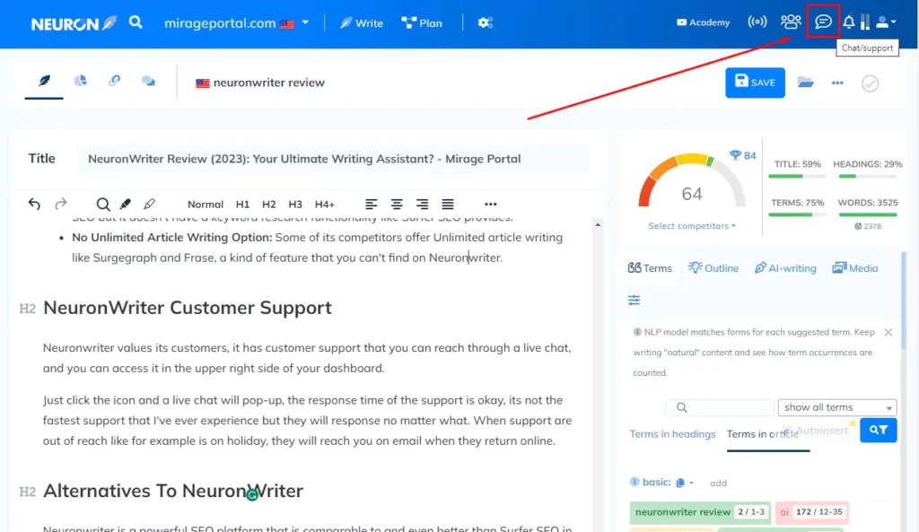 how to access customer support in neuronwriter